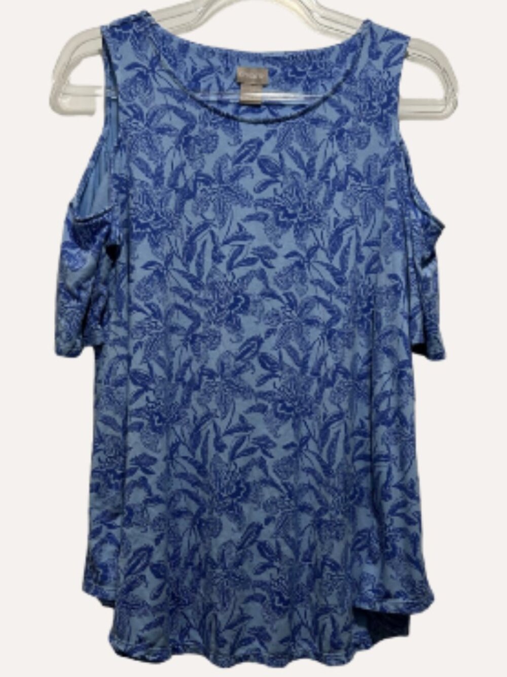 Chico’s Blue Floral Cold‑Shoulder Blouse – Size 1 (US M)
